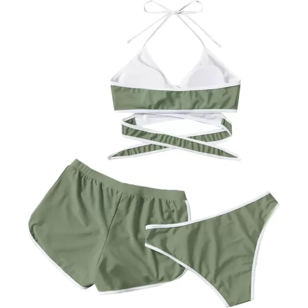 SweatyRocks Women's Three Piece Swimsuit Leaf Print Wrap Halter Top with Shorts Bikini Set