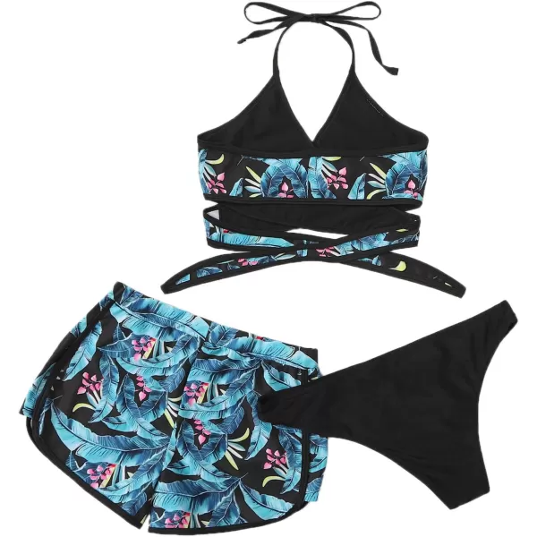 SweatyRocks Women's Three Piece Swimsuit Leaf Print Wrap Halter Top with Shorts Bikini Set