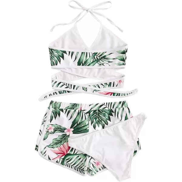 SweatyRocks Women's Three Piece Swimsuit Leaf Print Wrap Halter Top with Shorts Bikini Set