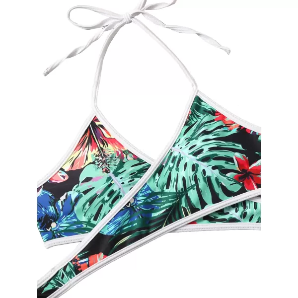 SweatyRocks Women's Three Piece Swimsuit Leaf Print Wrap Halter Top with Shorts Bikini Set