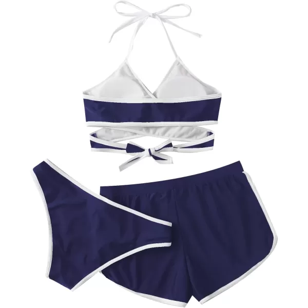 SweatyRocks Women's Three Piece Swimsuit Leaf Print Wrap Halter Top with Shorts Bikini Set