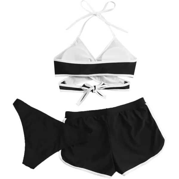 SweatyRocks Women's Three Piece Swimsuit Leaf Print Wrap Halter Top with Shorts Bikini Set