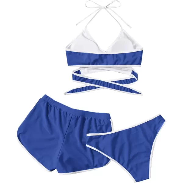 SweatyRocks Women's Three Piece Swimsuit Leaf Print Wrap Halter Top with Shorts Bikini Set