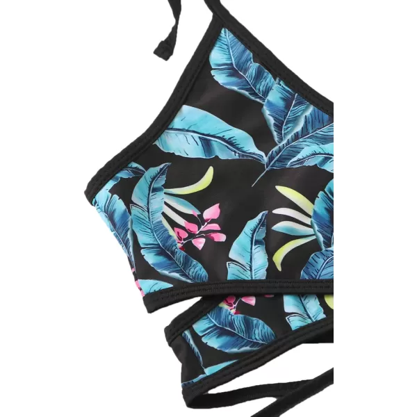 SweatyRocks Women's Three Piece Swimsuit Leaf Print Wrap Halter Top with Shorts Bikini Set