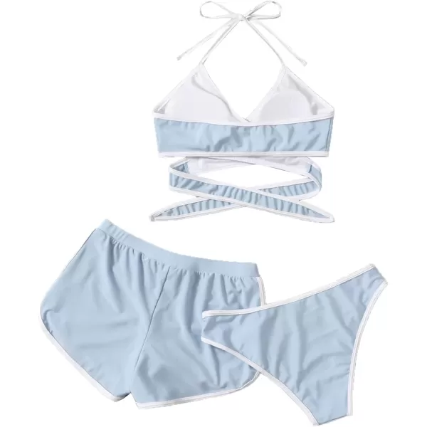 SweatyRocks Women's Three Piece Swimsuit Leaf Print Wrap Halter Top with Shorts Bikini Set