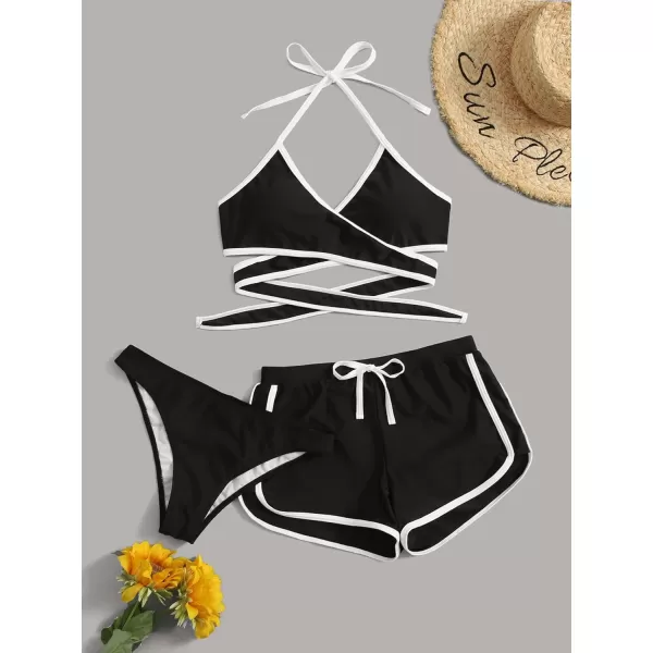 SweatyRocks Women's Three Piece Swimsuit Leaf Print Wrap Halter Top with Shorts Bikini Set