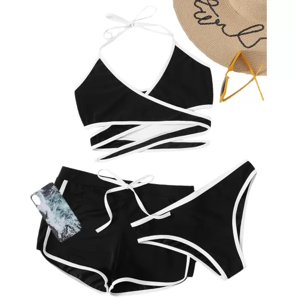 SweatyRocks Women's Three Piece Swimsuit Leaf Print Wrap Halter Top with Shorts Bikini Set