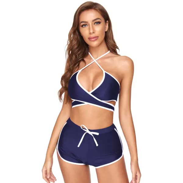 SweatyRocks Women's Three Piece Swimsuit Leaf Print Wrap Halter Top with Shorts Bikini Set