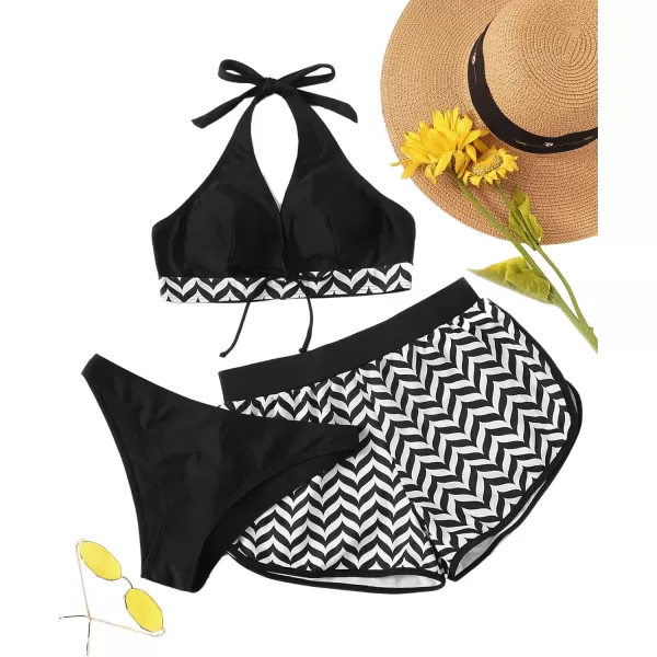 SweatyRocks Women's Three Piece Swimsuit Leaf Print Wrap Halter Top with Shorts Bikini Set