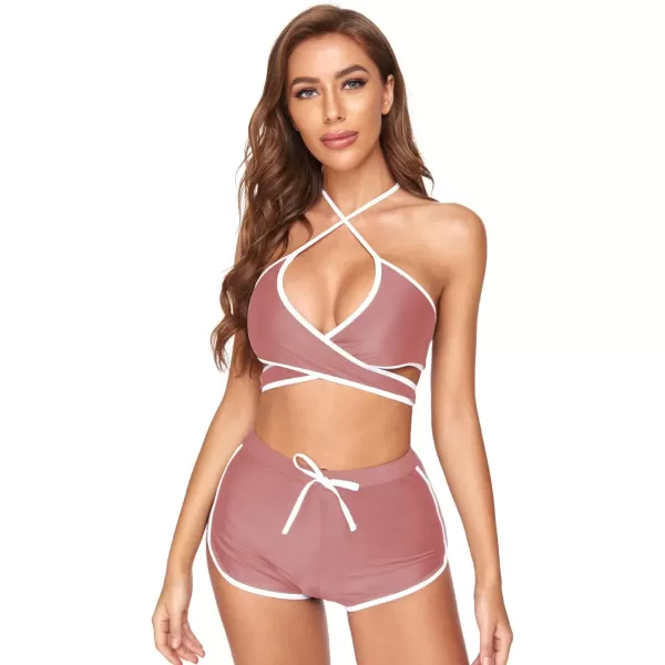 SweatyRocks Women's Three Piece Swimsuit Leaf Print Wrap Halter Top with Shorts Bikini Set