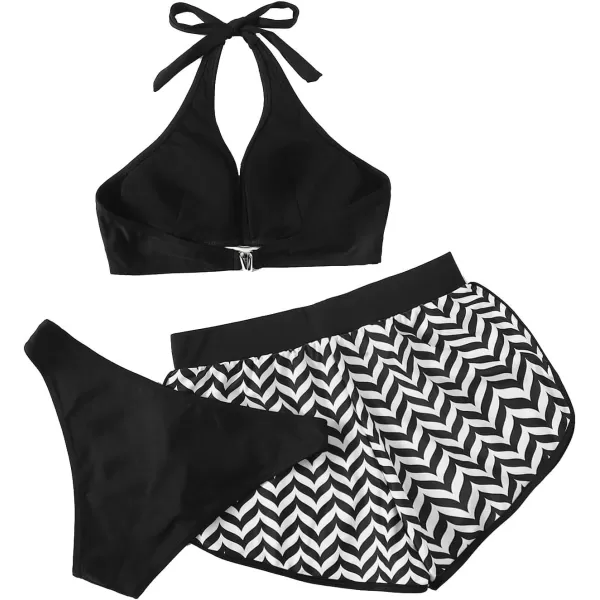 SweatyRocks Women's Three Piece Swimsuit Leaf Print Wrap Halter Top with Shorts Bikini Set