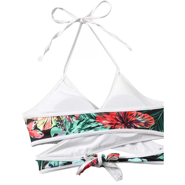 SweatyRocks Women's Three Piece Swimsuit Leaf Print Wrap Halter Top with Shorts Bikini Set