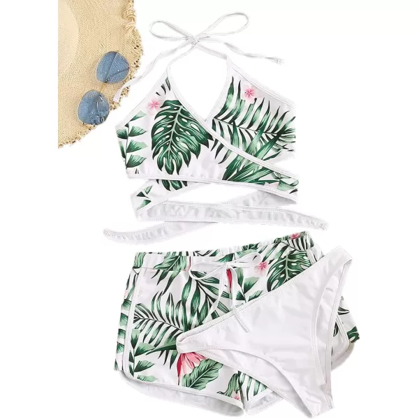 SweatyRocks Women's Three Piece Swimsuit Leaf Print Wrap Halter Top with Shorts Bikini Set
