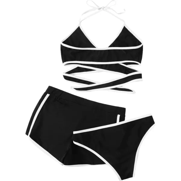 SweatyRocks Women's Three Piece Swimsuit Leaf Print Wrap Halter Top with Shorts Bikini Set