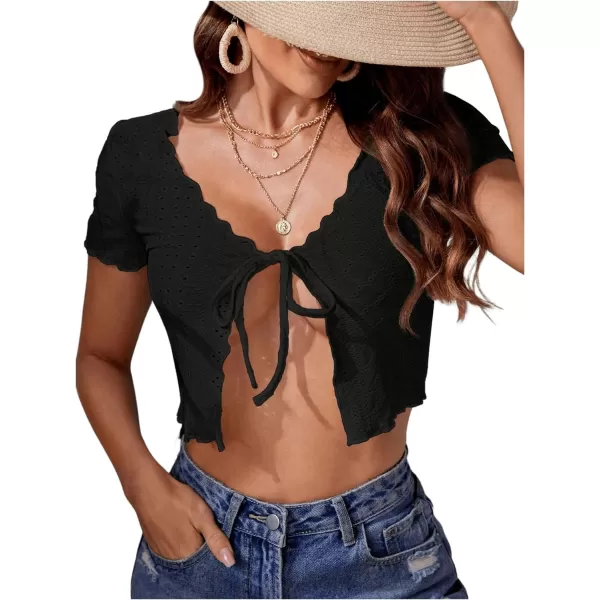 SweatyRocks Women's Tie Front Short Sleeve V Neck T Shirts Lettuce Trim Cropped Tops
