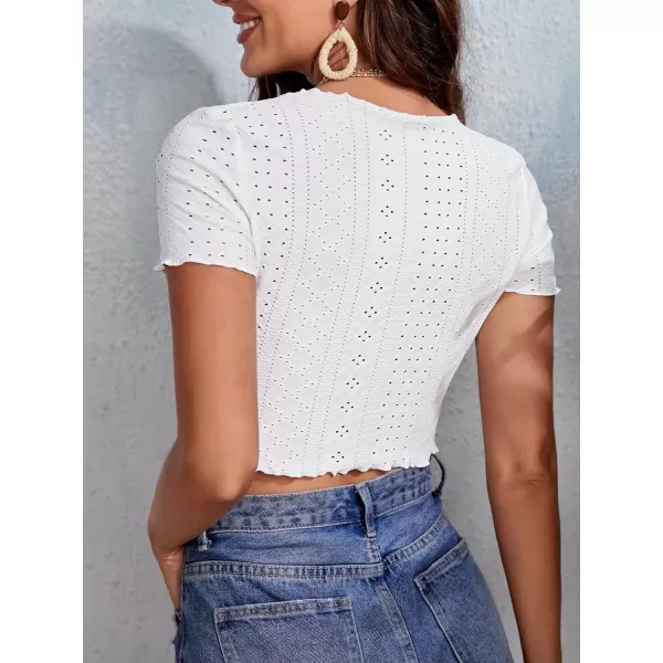 SweatyRocks Women's Tie Front Short Sleeve V Neck T Shirts Lettuce Trim Cropped Tops