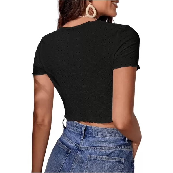 SweatyRocks Women's Tie Front Short Sleeve V Neck T Shirts Lettuce Trim Cropped Tops