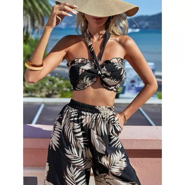 SweatyRocks Women's Tropical Print 2 Piece Outfits Tie Front Ruffle Tube Crop Top and Wide Leg Pants