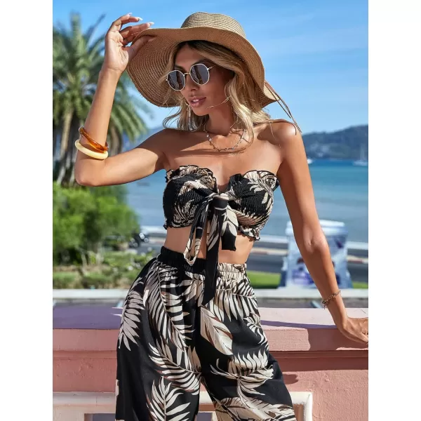 SweatyRocks Women's Tropical Print 2 Piece Outfits Tie Front Ruffle Tube Crop Top and Wide Leg Pants