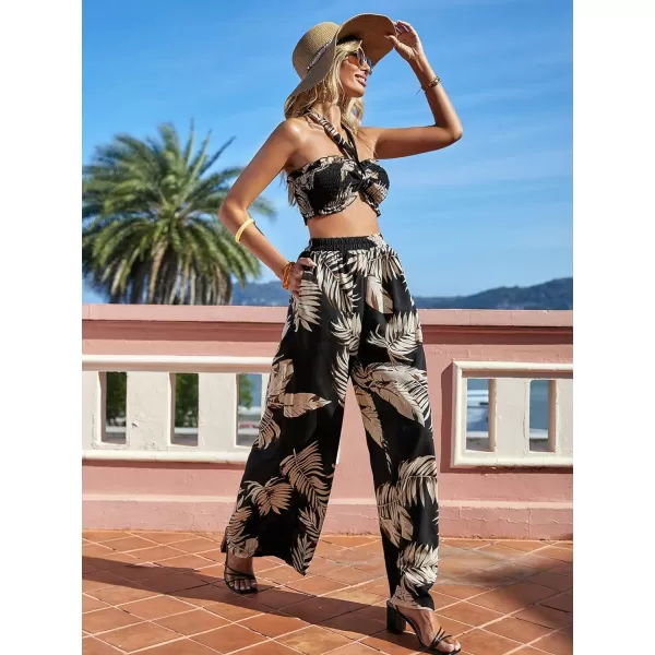 SweatyRocks Women's Tropical Print 2 Piece Outfits Tie Front Ruffle Tube Crop Top and Wide Leg Pants