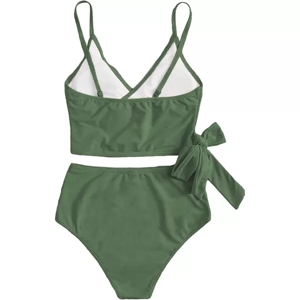 SweatyRocks Women's Two Pieces Swimsuit Solid Color Tie Side Top High Waisted Bikini Set