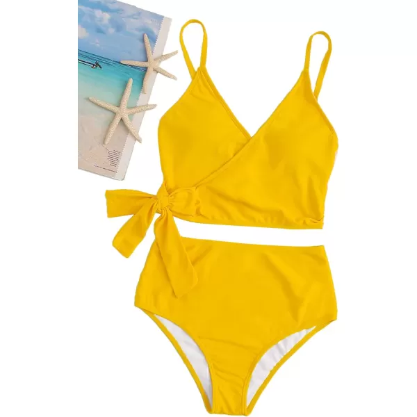 SweatyRocks Women's Two Pieces Swimsuit Solid Color Tie Side Top High Waisted Bikini Set