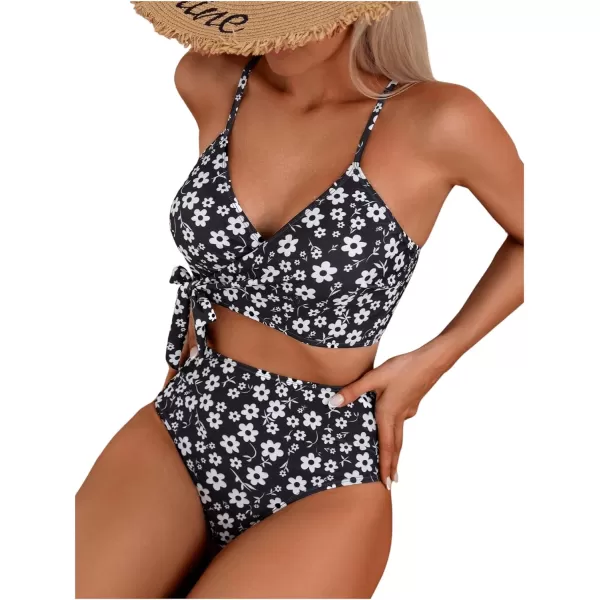 SweatyRocks Women's Two Pieces Swimsuit Solid Color Tie Side Top High Waisted Bikini Set