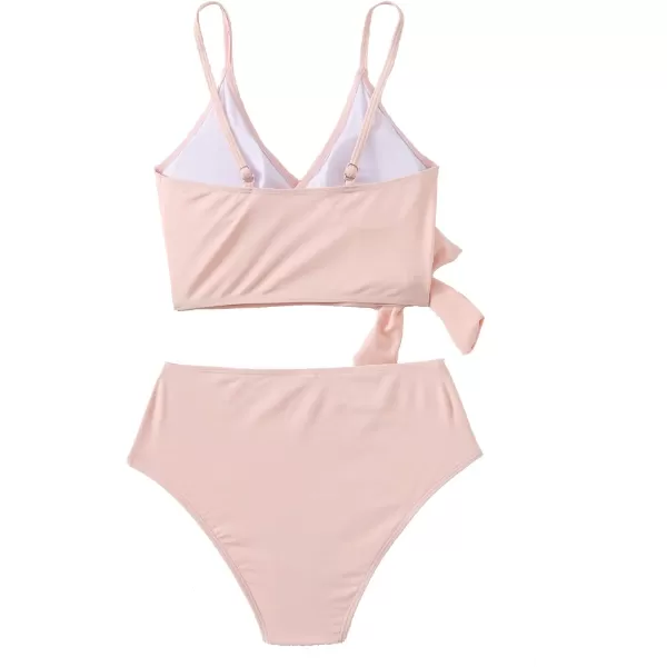 SweatyRocks Women's Two Pieces Swimsuit Solid Color Tie Side Top High Waisted Bikini Set