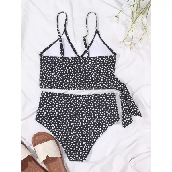 SweatyRocks Women's Two Pieces Swimsuit Solid Color Tie Side Top High Waisted Bikini Set