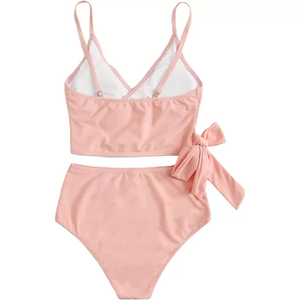 SweatyRocks Women's Two Pieces Swimsuit Solid Color Tie Side Top High Waisted Bikini Set