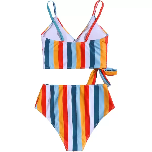SweatyRocks Women's Two Pieces Swimsuit Solid Color Tie Side Top High Waisted Bikini Set