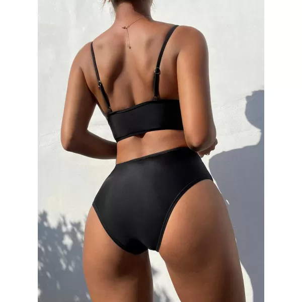 SweatyRocks Women's Two Pieces Swimsuit Solid Color Tie Side Top High Waisted Bikini Set