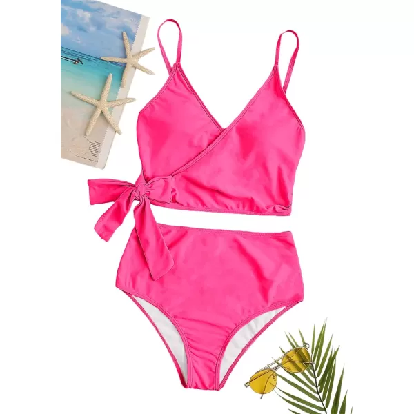 SweatyRocks Women's Two Pieces Swimsuit Solid Color Tie Side Top High Waisted Bikini Set