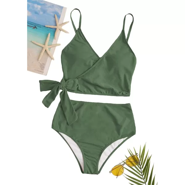 SweatyRocks Women's Two Pieces Swimsuit Solid Color Tie Side Top High Waisted Bikini Set