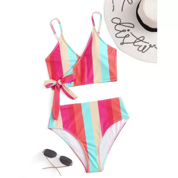 SweatyRocks Women's Two Pieces Swimsuit Solid Color Tie Side Top High Waisted Bikini Set