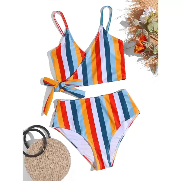 SweatyRocks Women's Two Pieces Swimsuit Solid Color Tie Side Top High Waisted Bikini Set