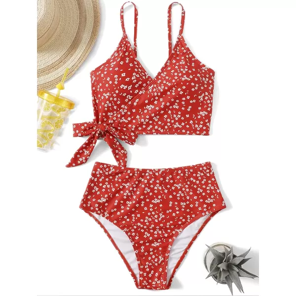 SweatyRocks Women's Two Pieces Swimsuit Solid Color Tie Side Top High Waisted Bikini Set