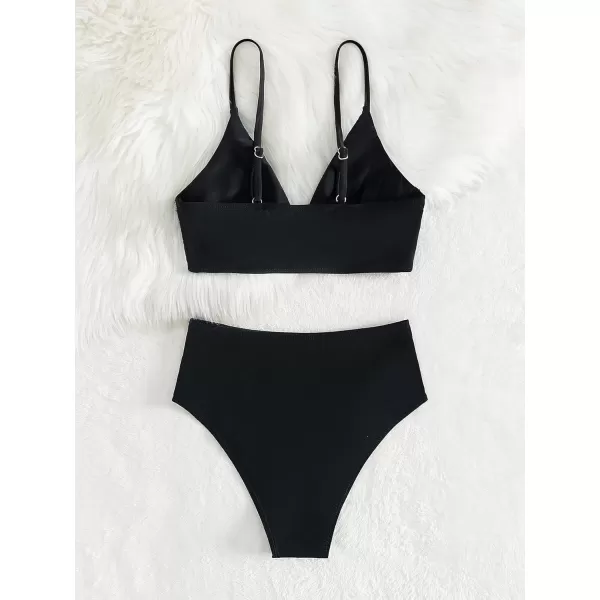 SweatyRocks Women's Two Pieces Swimsuit Solid Color Tie Side Top High Waisted Bikini Set