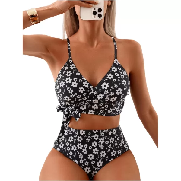 SweatyRocks Women's Two Pieces Swimsuit Solid Color Tie Side Top High Waisted Bikini Set