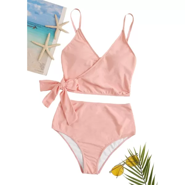 SweatyRocks Women's Two Pieces Swimsuit Solid Color Tie Side Top High Waisted Bikini Set