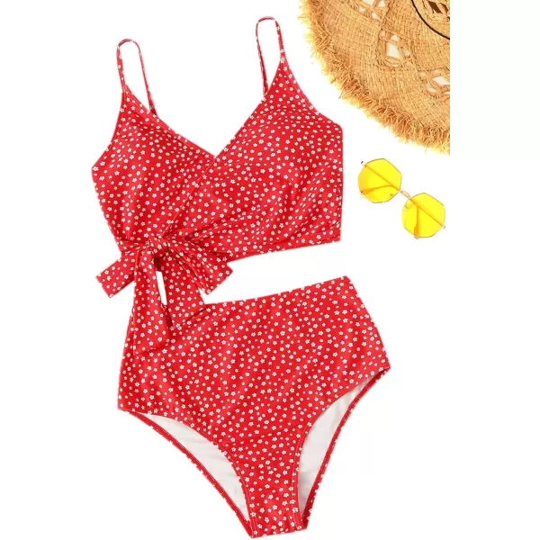 SweatyRocks Women's Two Pieces Swimsuit Solid Color Tie Side Top High Waisted Bikini Set