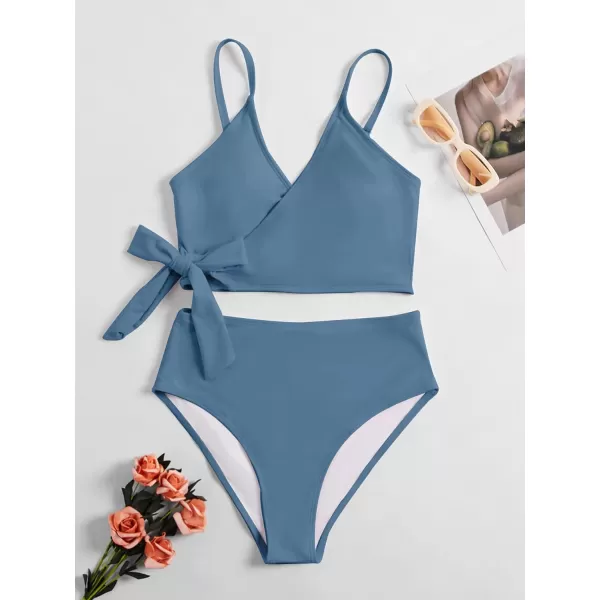 SweatyRocks Women's Two Pieces Swimsuit Solid Color Tie Side Top High Waisted Bikini Set