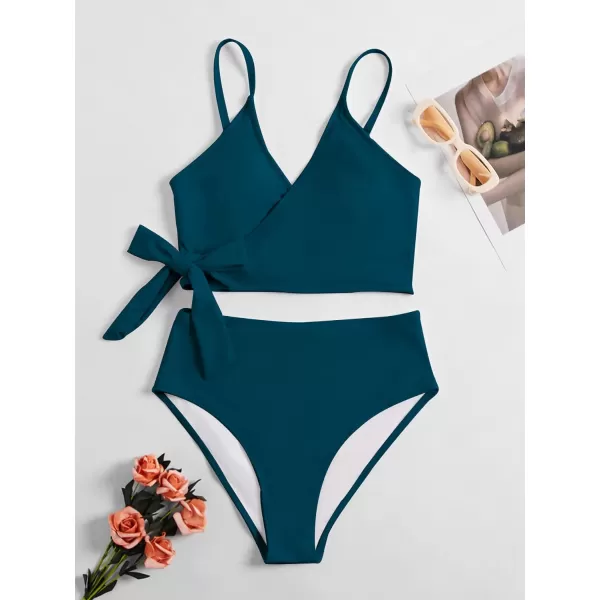 SweatyRocks Women's Two Pieces Swimsuit Solid Color Tie Side Top High Waisted Bikini Set