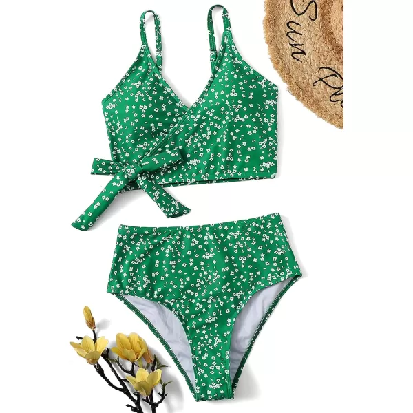 SweatyRocks Women's Two Pieces Swimsuit Solid Color Tie Side Top High Waisted Bikini Set