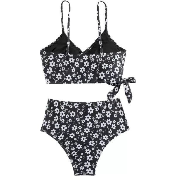 SweatyRocks Women's Two Pieces Swimsuit Solid Color Tie Side Top High Waisted Bikini Set