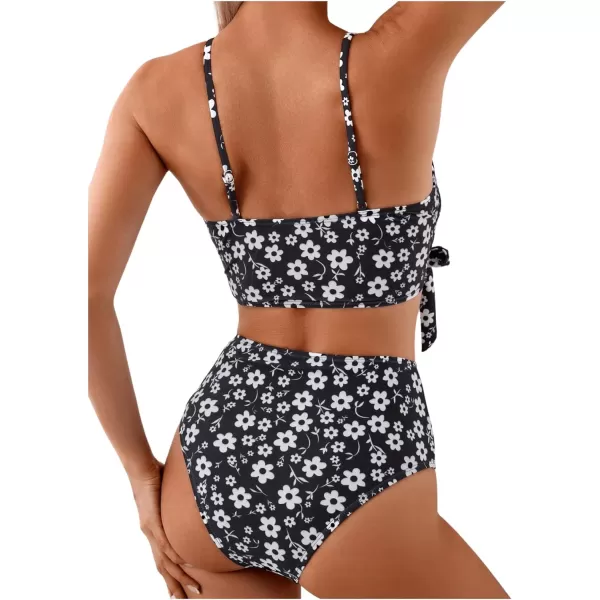 SweatyRocks Women's Two Pieces Swimsuit Solid Color Tie Side Top High Waisted Bikini Set