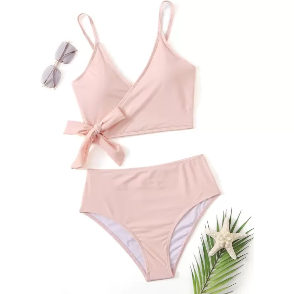 SweatyRocks Women's Two Pieces Swimsuit Solid Color Tie Side Top High Waisted Bikini Set
