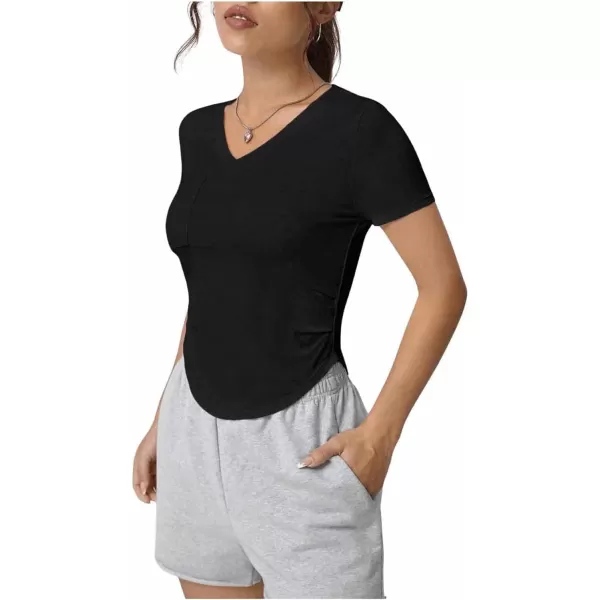SweatyRocks Women's V Neck Crop Tops Casual Short Sleeve Shirts Fitted Pocket Curved Hem Tees