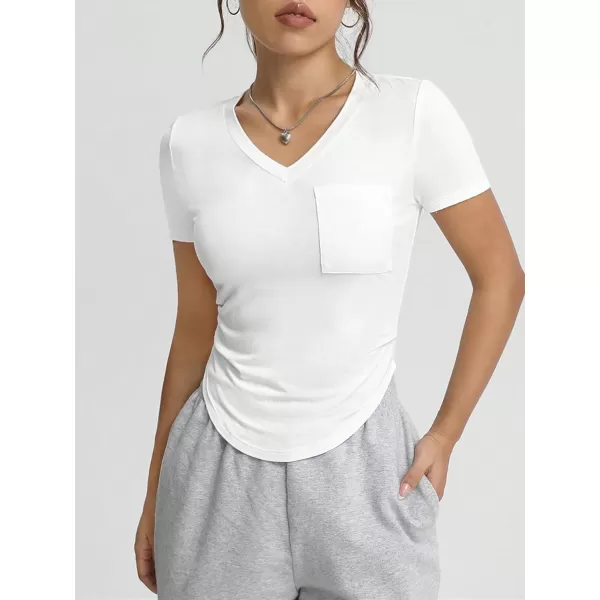 SweatyRocks Women's V Neck Crop Tops Casual Short Sleeve Shirts Fitted Pocket Curved Hem Tees
