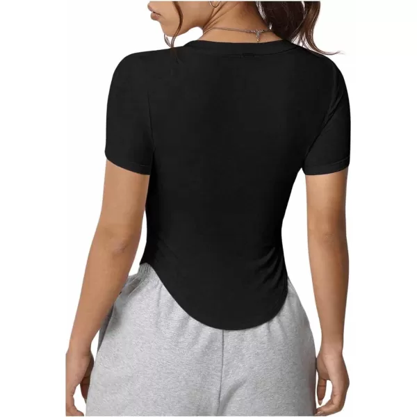 SweatyRocks Women's V Neck Crop Tops Casual Short Sleeve Shirts Fitted Pocket Curved Hem Tees
